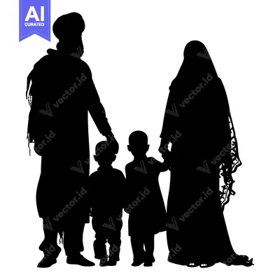Aset desain premium: Silhouette of a Muslim Family with Two Children