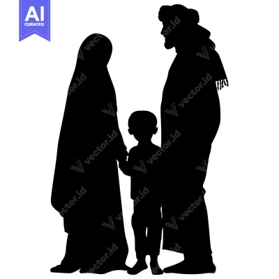 Aset desain premium: Silhouette of a Muslim Family Holding Hands