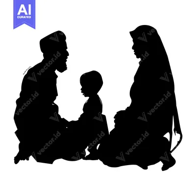 Aset premium populer: Silhouette of a Muslim Family with a Child