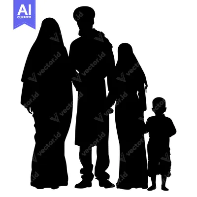Silhouette of a Muslim Family with a Father, Mother, Daughter and Son