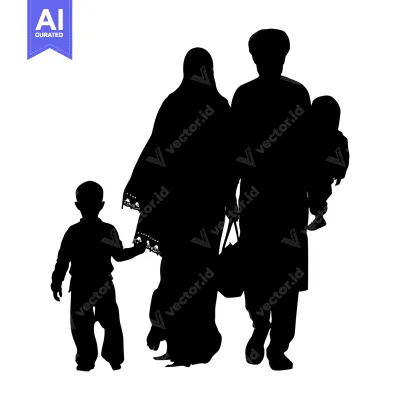 Silhouette of a Muslim Family with Two Children