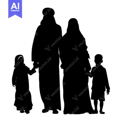 Aset desain premium: Silhouette of a Muslim Family with Two Children