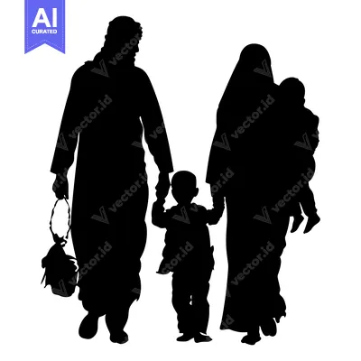 Popular premium asset: Silhouette of a Muslim Family Walking with Two Children