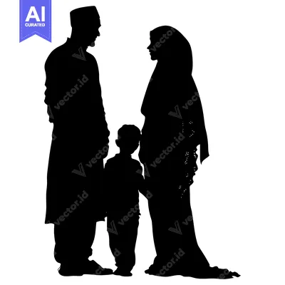 Aset desain premium: Silhouette of a Muslim Family of Three
