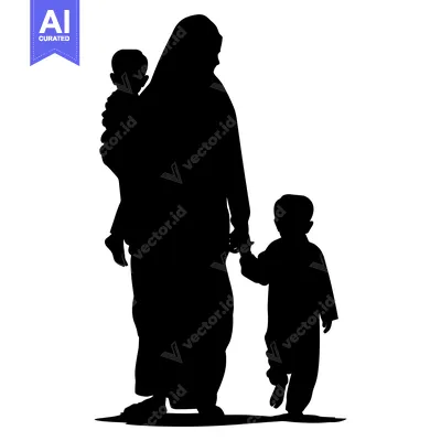 Premium design asset: Silhouette of a mother holding a baby and leading a child by the hand