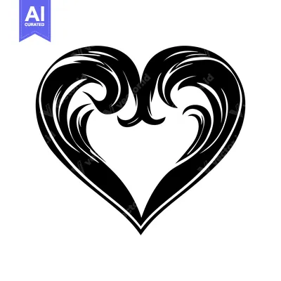 Aset desain premium: A Black and White Stylized Heart with Intricate Curls