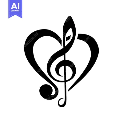 Aset desain premium: A black and white illustration of a treble clef inside a heart