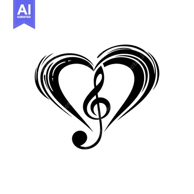 Aset desain premium: Black and white illustration of a treble clef inside a heart shape