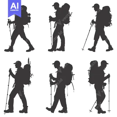 Aset premium populer: Six Silhouettes of Hikers with Backpacks and Trekking Poles