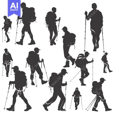 Aset desain premium: Silhouettes of Hikers with Backpacks and Trekking Poles