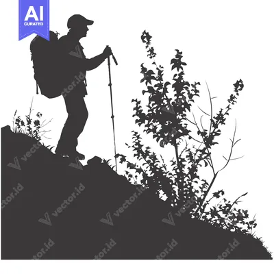 Silhouette of a Hiker with Backpack and Trekking Pole Ascending a Hill