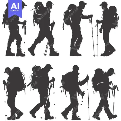 Premium design asset: Silhouettes of Hikers with Backpacks and Trekking Poles