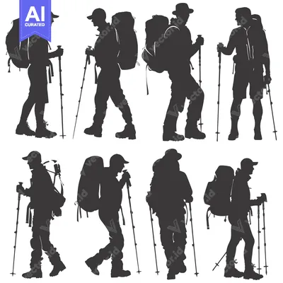Aset desain premium: Silhouettes of Six Hikers with Backpacks and Trekking Poles
