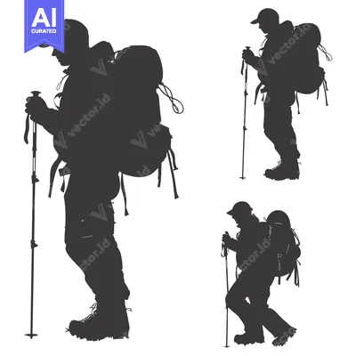 Premium design asset: Three Silhouettes of Hikers with Backpacks and Trekking Poles