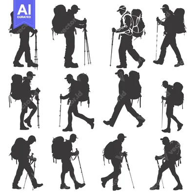 Aset premium populer: Silhouettes of Hikers with Backpacks and Trekking Poles