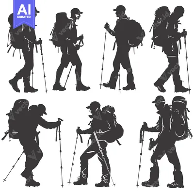 Aset desain premium: Silhouettes of Six Hikers with Backpacks and Trekking Poles