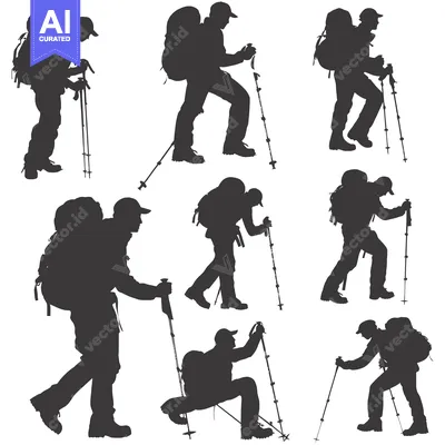 Aset desain premium: Silhouettes of Hikers with Backpacks and Trekking Poles