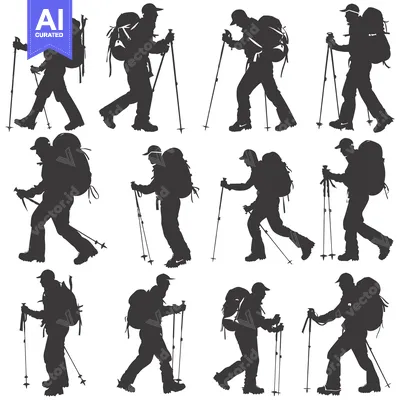 Aset premium populer: Twelve Silhouettes of Hikers with Backpacks and Trekking Poles