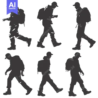 Aset desain premium: Six Silhouettes of Hikers Walking With Backpacks