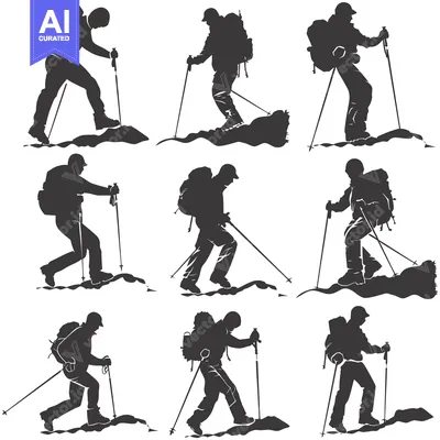Aset premium populer: Nine Silhouettes of Hikers with Backpacks and Trekking Poles