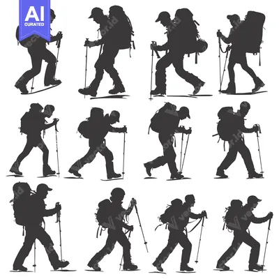 Aset desain premium: Silhouette of Hikers With Backpacks and Trekking Poles