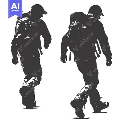 Aset desain premium: Silhouette of Two Hikers with Backpacks Walking