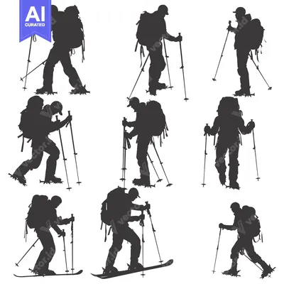 Aset desain premium: Silhouettes of Backpackers with Trekking Poles and Snowshoes