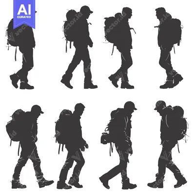 Aset desain premium: Silhouettes of Six Hikers with Backpacks Walking