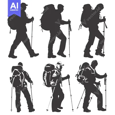 Aset premium populer: Six Silhouettes of Hikers with Backpacks and Trekking Poles
