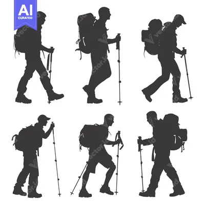 Aset desain premium: Six Silhouettes of Hikers with Backpacks and Trekking Poles