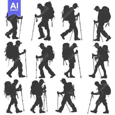 Aset desain premium: Silhouette of Hikers with Backpacks and Trekking Poles