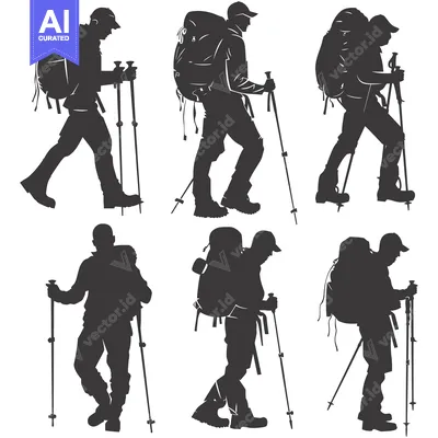 Aset premium populer: Silhouettes of Six Hikers with Backpacks and Trekking Poles