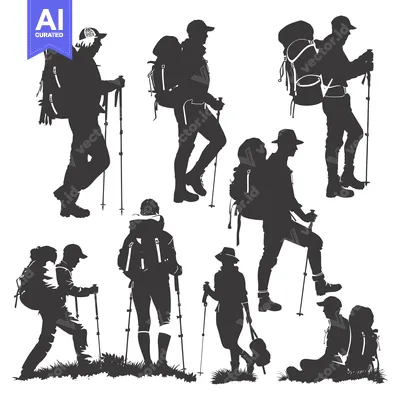 Aset desain premium: Silhouettes of Hikers with Backpacks and Trekking Poles