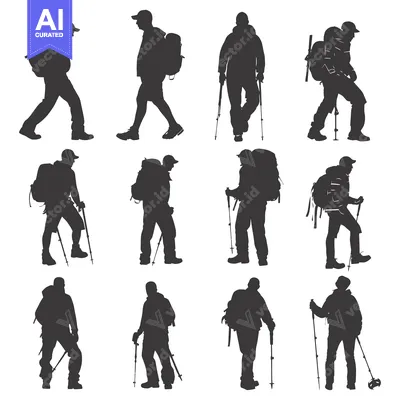 Aset premium populer: Silhouettes of Hikers with Backpacks and Trekking Poles