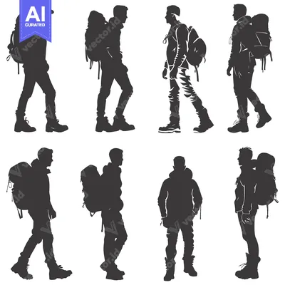 Aset desain premium: Silhouettes of Eight Hikers with Backpacks