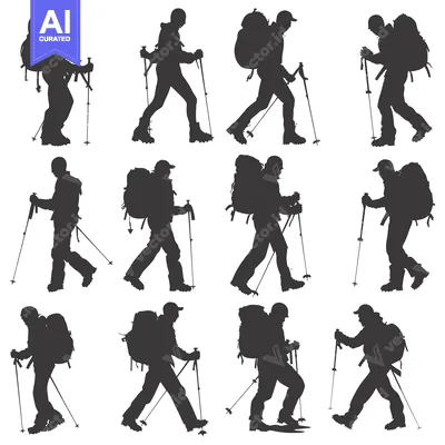Aset premium populer: Silhouette of Twelve Hikers with Backpacks and Trekking Poles
