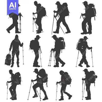 Aset desain premium: Silhouettes of Hikers with Backpacks and Trekking Poles