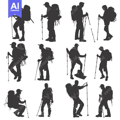 Aset premium populer: Silhouettes of Hikers with Backpacks and Trekking Poles