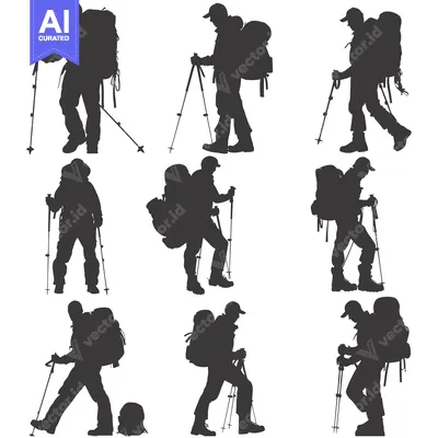 Aset desain premium: Nine Silhouettes of Hikers with Backpacks and Trekking Poles