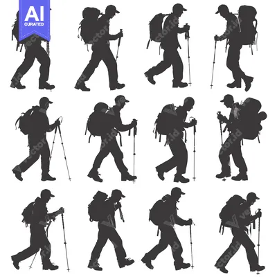 Aset desain premium: Silhouettes of Backpackers Hiking with Trekking Poles
