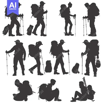Aset premium populer: Silhouettes of Hikers with Backpacks and Trekking Poles