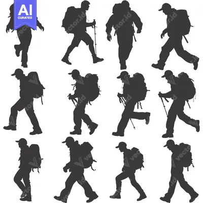 Aset premium populer: Silhouettes of Hikers with Backpacks and Trekking Poles