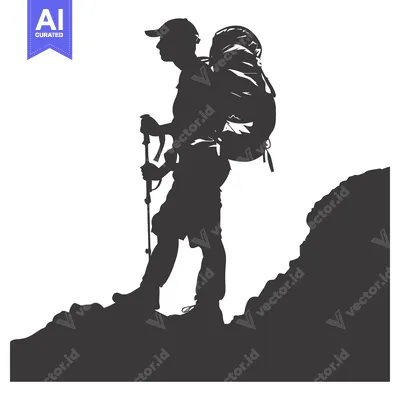 Premium design asset: Silhouette of a Hiker with Backpack and Hiking Stick on a Mountain