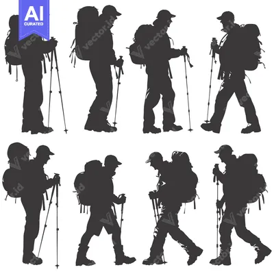 Aset desain premium: Eight Silhouettes of Hikers With Backpacks and Hiking Poles