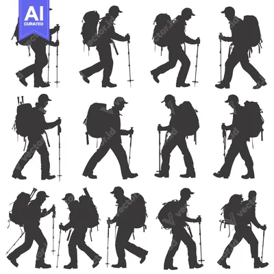 Popular premium asset: Silhouettes of Backpackers Hiking with Trekking Poles