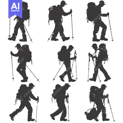 Aset premium populer: Nine Silhouettes of Hikers with Backpacks and Trekking Poles
