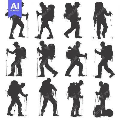 Popular premium asset: Silhouettes of Backpackers Hiking with Trekking Poles
