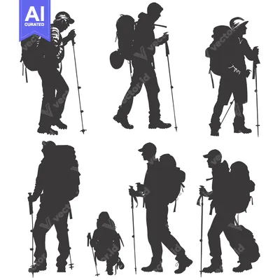 Aset desain premium: Silhouettes of Hikers with Backpacks and Trekking Poles