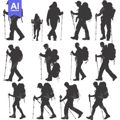 Aset premium populer: Silhouettes of Hikers with Backpacks and Hiking Sticks