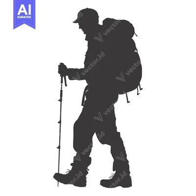 Aset desain premium: Silhouette of a Person Hiking with a Backpack and Walking Stick